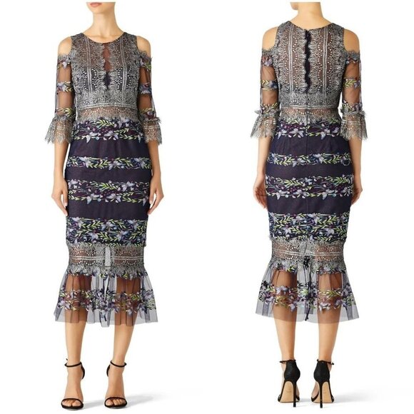 Marchesa Notte Navy Lace Open Shoulder Midi Dress $795 - Picture 1 of 13